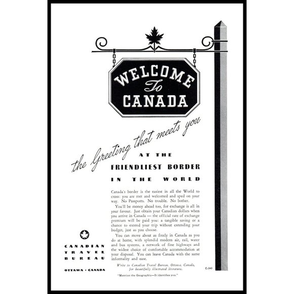 1940 Canadian Travel Bureau Welcome to Canada Sign Vintage Print Ad Wall Art - Picture 1 of 1